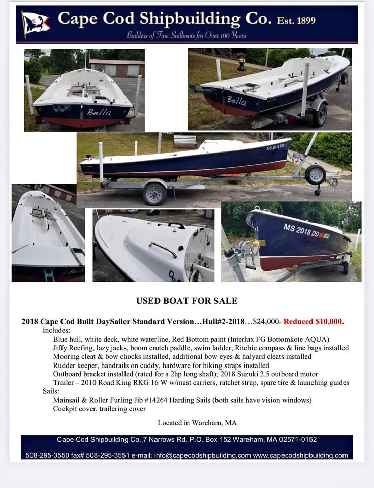 2018 Day Sailor with full sails, rigging, and trailer. for sale in Wareham, MA
