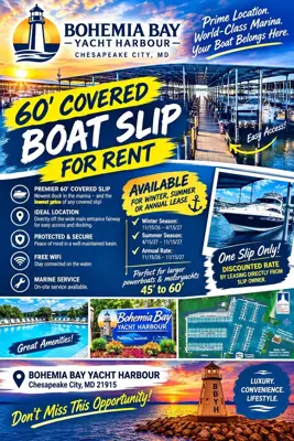 Chesapeake Bay 60' Covered Boat Slip for Rent at Bohemia Bay Yacht Harbour Marina (BBYH)