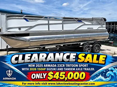 Brand New 2025 23' Armada Sport Tritoon with 2026 150HP Suzuki and tandem axle trailer