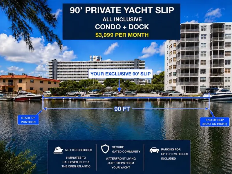 Boat Slip For Rent in North Miami Beach, Florida at 90' YACHT DOCK UP TO 35' BEAM ~6' DEPTH